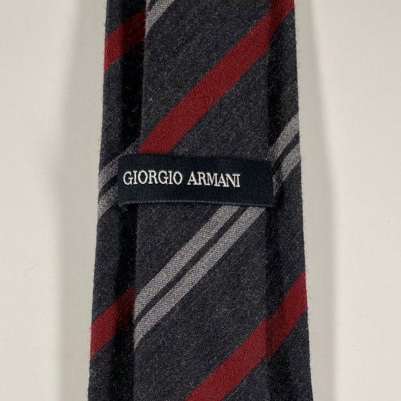 EUC Silk/Wool Blend Giorgio Armani Tie In Charcoal W/Red & Light Grey Stripes - Picture 3 of 5